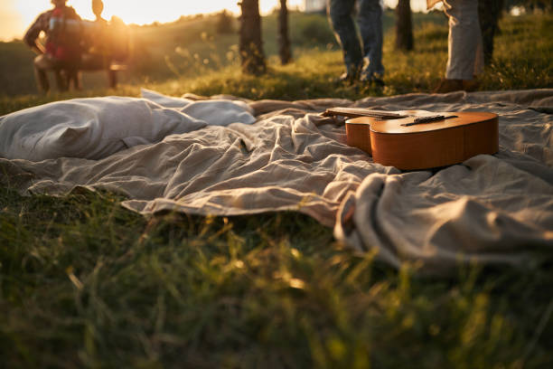 Friends sharing drinks on a comfortable blanket at an outdoor music festival.
