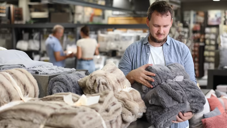 Man in store holding soft, grey faux fur blankets. Many cozy blankets on display.