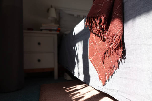 Close-up of a bed with a red plaid blanket, bathed in sunlight and shadows.