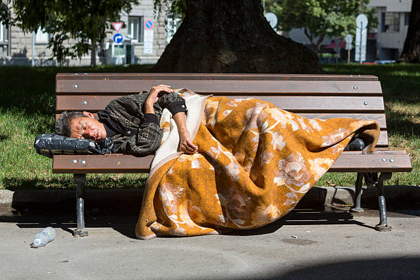 Person sleeping on a park bench covered by a warm patterned blanket.