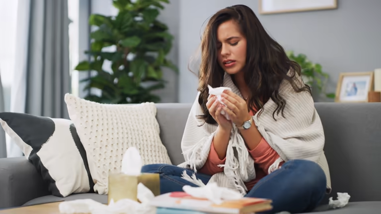 Young woman with cold wrapped in a cozy blanket, blowing nose on sofa surrounded by tissues.
